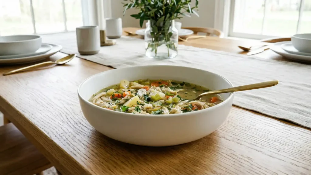 Bowl of Chicken Soup with shredded chicken, carrots, celery, and herbs on a wooden table