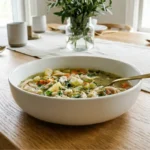Bowl of Chicken Soup with shredded chicken, carrots, celery, and herbs on a wooden table