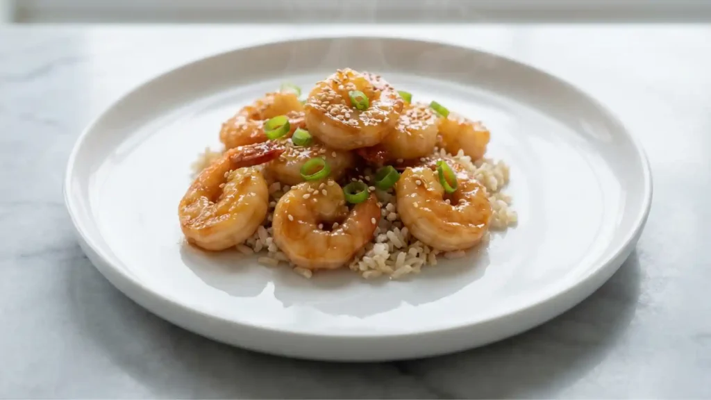 High-Protein Honey Garlic Shrimp served on white plate over brown rice with sesame seeds and green onions