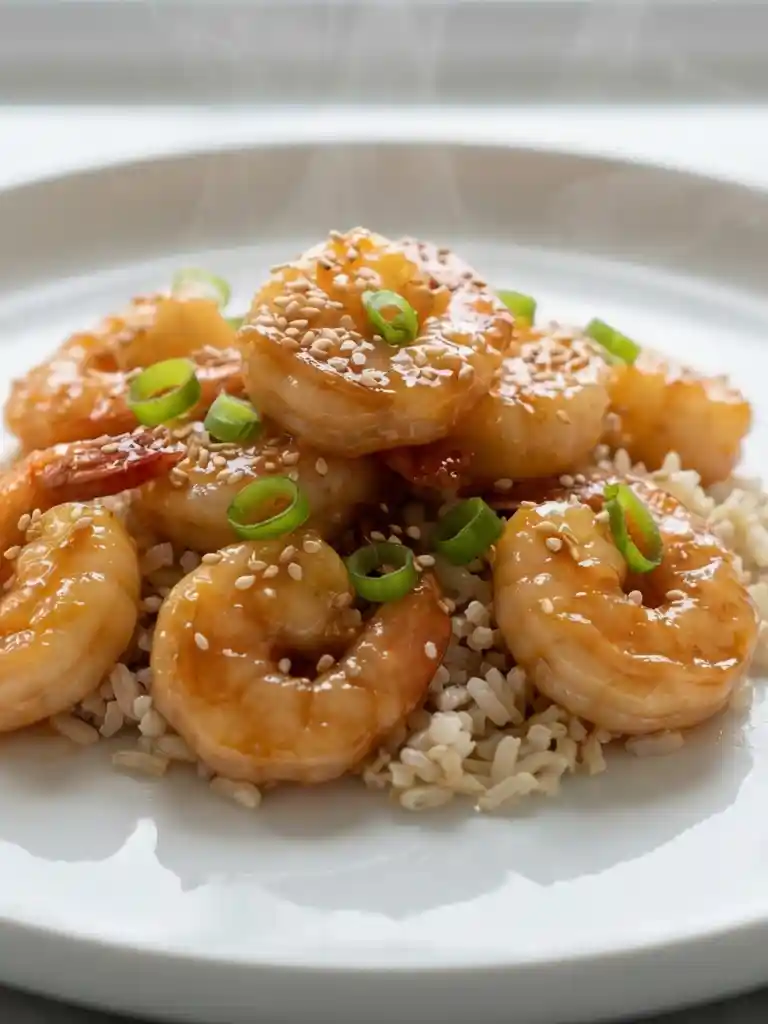 High-Protein Honey Garlic Shrimp 2 High-Protein Honey Garlic Shrimp served on white plate over brown rice with sesame seeds and green onions