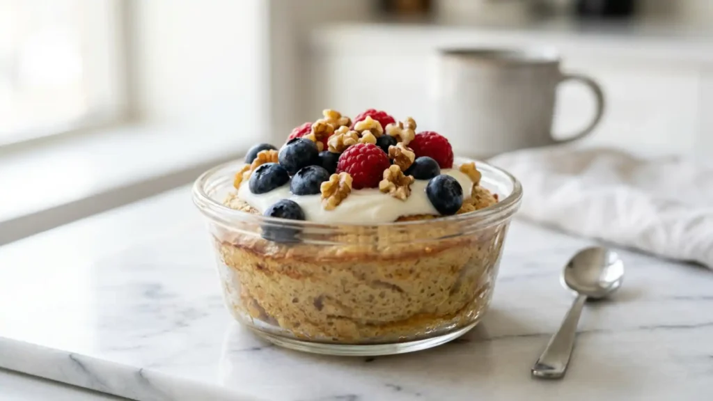 High Protein Pancake Bowls topped with yogurt, berries, and walnuts in a glass ramekin on marble
