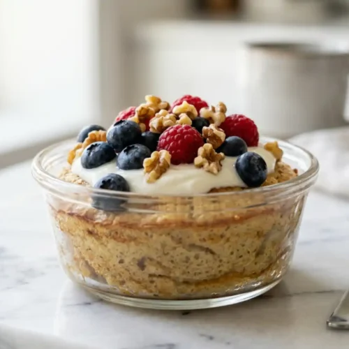 High Protein Pancake Bowls topped with yogurt, berries, and walnuts in a glass ramekin on marble