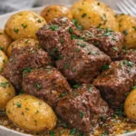 High Protein Slow Cooker Garlic Butter Beef Bites served with tender potatoes and herbs