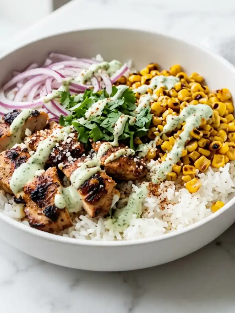 Street Corn Chicken Rice Bowl with grilled chicken, charred corn, rice, red onion, and cilantro lime sauce