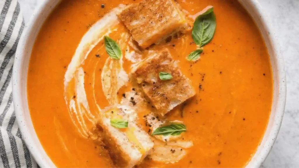 Bowl of Homemade Tomato Soup topped with cream swirl, basil leaves, and grilled cheese croutons