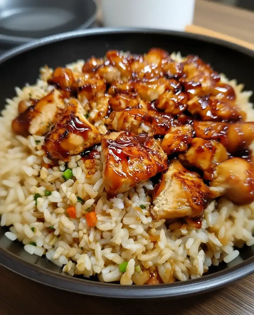One-Pan Honey BBQ Chicken Rice with glazed chicken pieces over fluffy rice in a black skillet