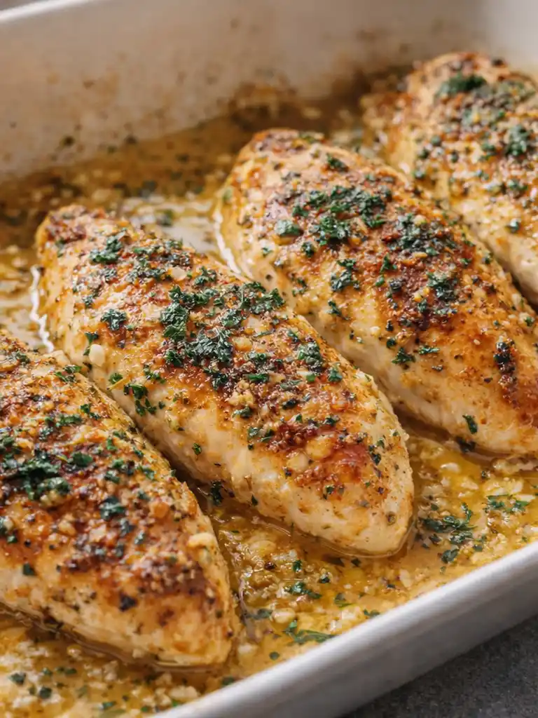 Garlic Butter Baked Chicken Breast baked in a rich garlic herb butter sauce with golden seasoned chicken breasts