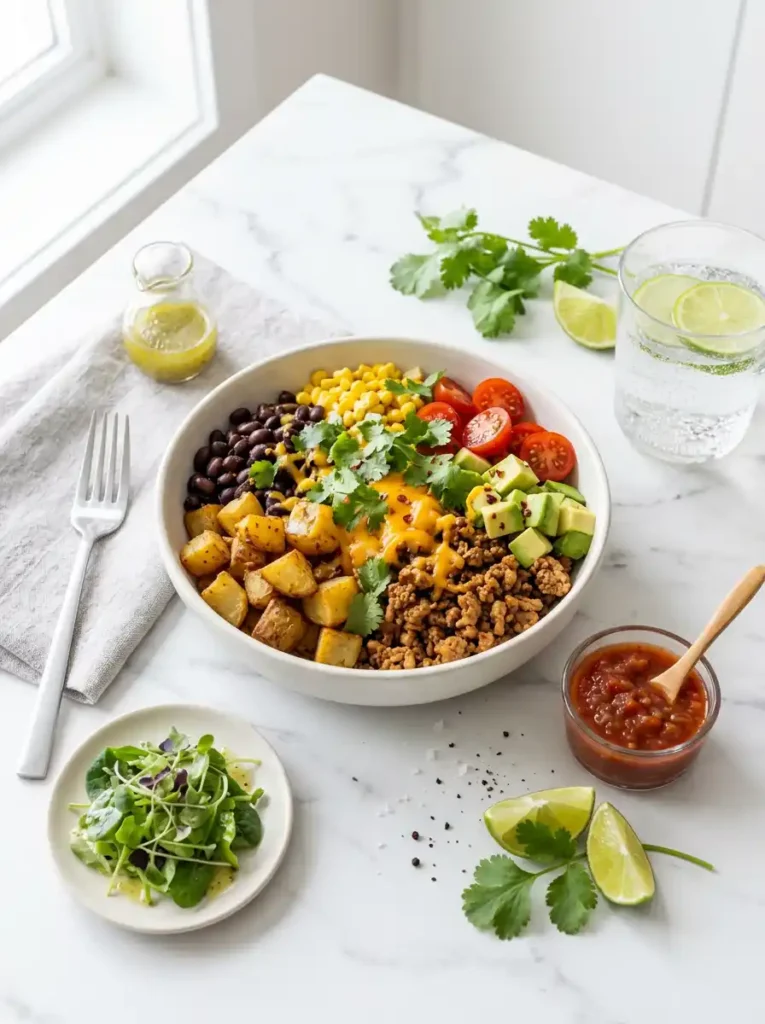 Loaded Potato Taco Bowl with crispy roasted potatoes, ground turkey, beans, corn and avocado