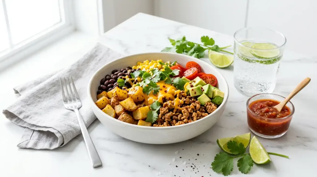 Loaded Potato Taco Bowl with crispy roasted potatoes, beans, avocado and cheese