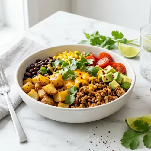 Loaded Potato Taco Bowl with crispy roasted potatoes, beans, avocado and cheese