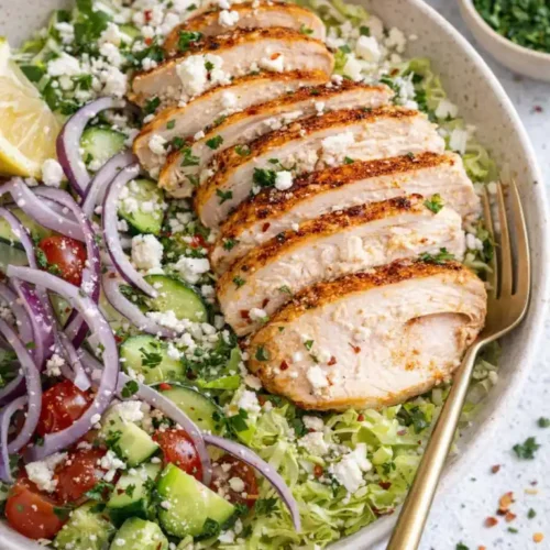 Greek chicken bowls with sliced grilled chicken, cucumber, tomatoes, red onion, feta, and shredded lettuce