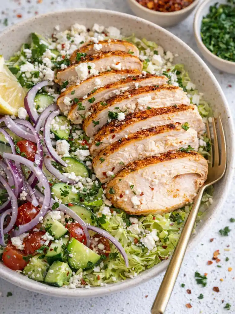 Greek chicken bowls with sliced grilled chicken, cucumber, tomatoes, red onion, feta, and shredded lettuce