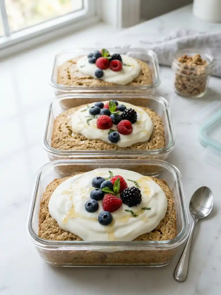 High Protein Pancake Bowls in glass containers topped with yogurt, berries, and honey on marble
