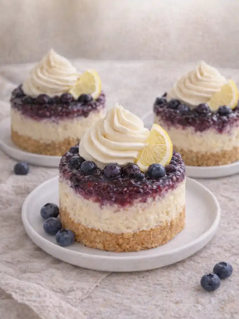 Mini Lemon Blueberry Cheesecakes topped with whipped cream, lemon slices, and fresh blueberries