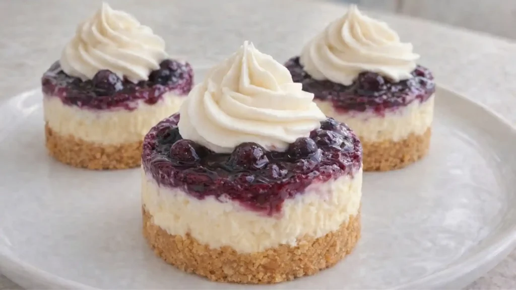 Mini Lemon Blueberry Cheesecakes with graham crust, blueberry topping, and whipped cream on a white plate