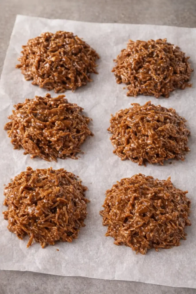 No-bake keto cookies on parchment paper showing glossy chocolate peanut butter coconut texture