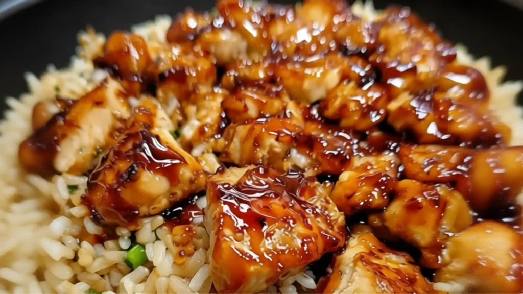 One-Pan Honey BBQ Chicken Rice served over fluffy white rice with glossy honey BBQ glazed chicken pieces