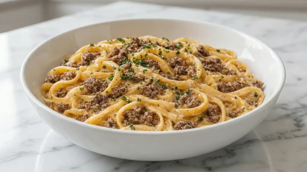 One-Pot Creamy Beef and Garlic Butter Pasta in a white bowl with parmesan sauce and ground beef