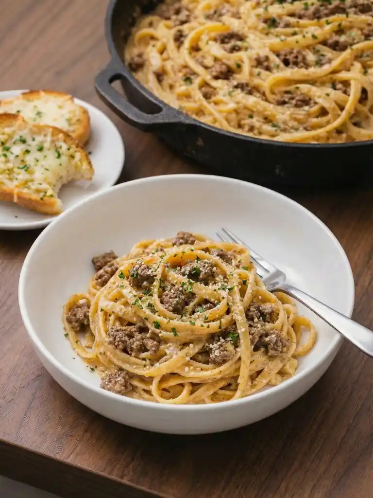 One-Pot Creamy Beef and Garlic Butter Pasta in a white bowl with skillet and garlic bread on wood table.