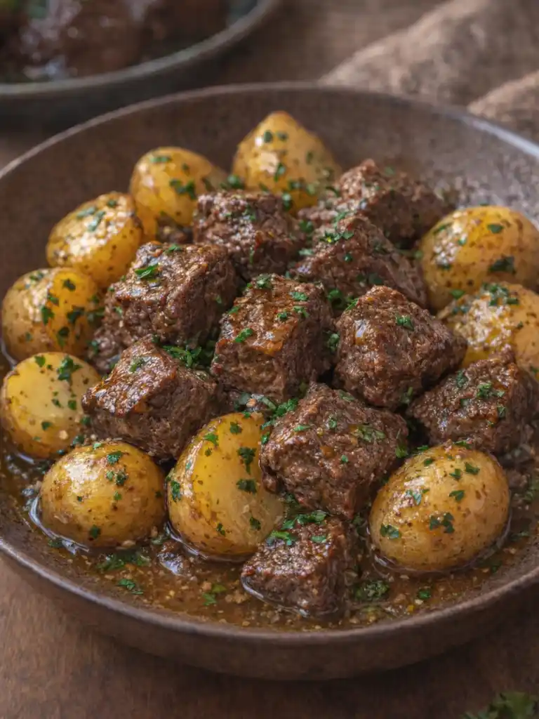 High Protein Slow Cooker Garlic Butter Beef Bites in bowl with juicy beef cubes and seasoned baby potatoes