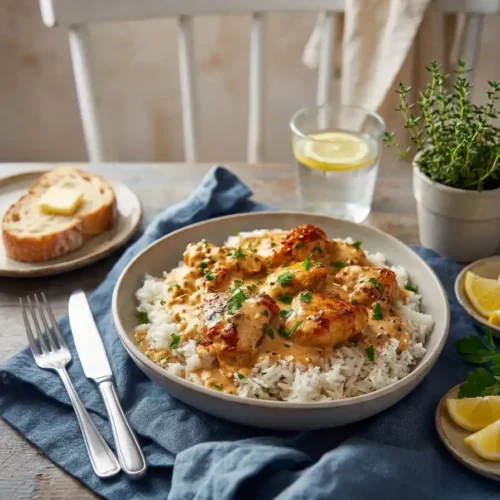 Smothered Chicken & Rice with creamy gravy served over fluffy white rice and fresh parsley garnish