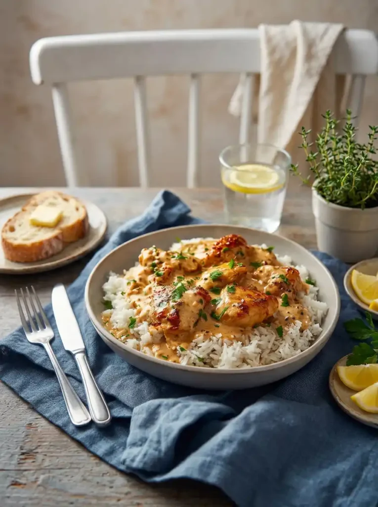 Smothered Chicken & Rice with creamy gravy served over fluffy white rice and fresh parsley garnish
