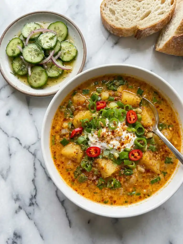 Spicy Cajun Potato Soup topped with sour cream, green onions, and red chili, served with bread and cucumber salad
