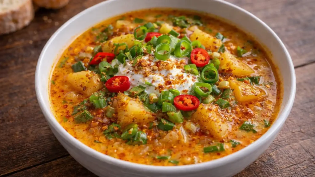Spicy Cajun Potato Soup topped with sour cream, green onions, and sliced red chili in a white bowl