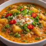 Spicy Cajun Potato Soup topped with sour cream, green onions, and sliced red chili in a white bowl