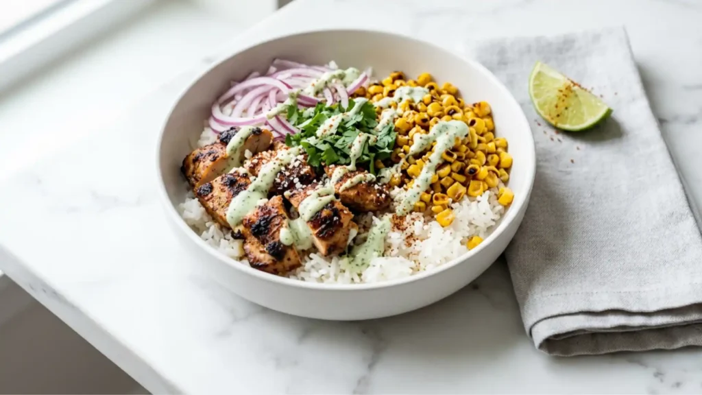Street Corn Chicken Rice Bowl with grilled chicken, charred corn, rice, and cilantro lime sauce