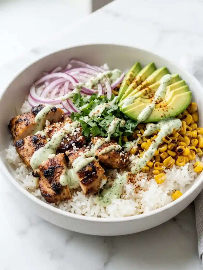 Street Corn Chicken Rice Bowl with grilled chicken, avocado, charred corn, rice, and cilantro lime sauce