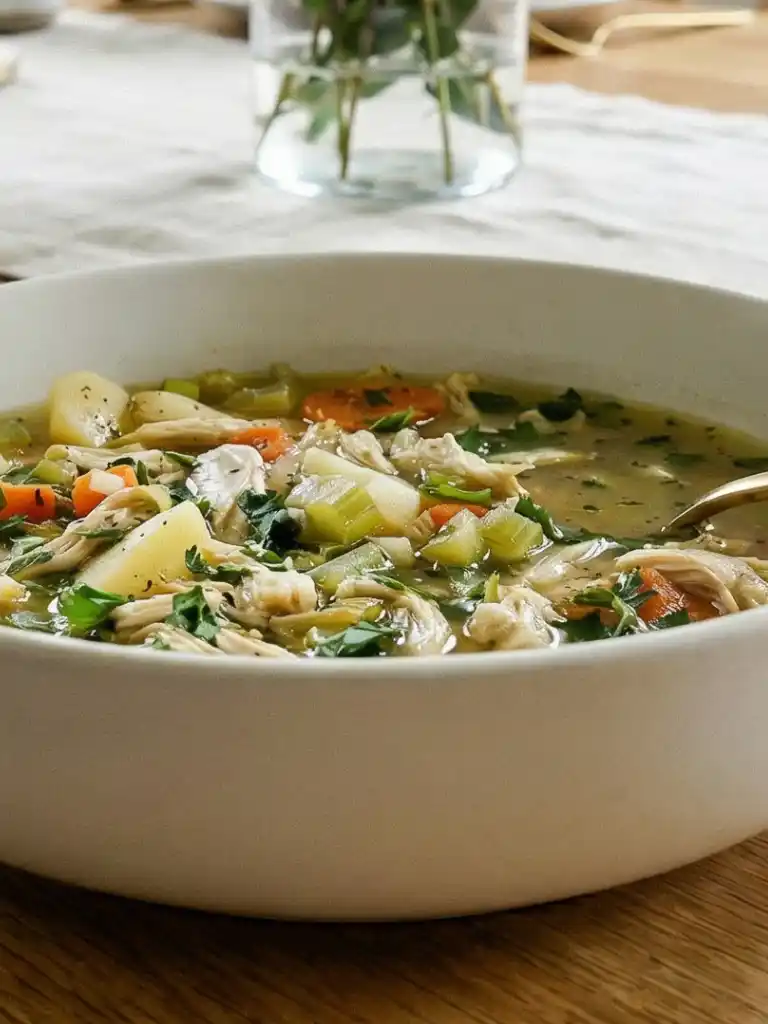 Close-up of Chicken Soup with shredded chicken, carrots, celery, and parsley in a white bowl