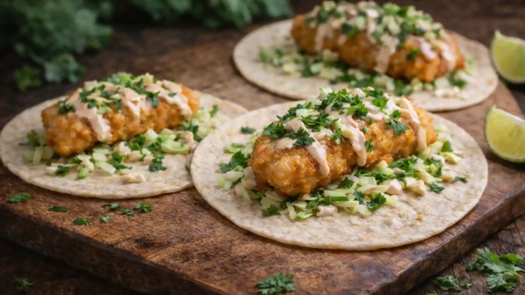 Baja Fish Tacos with crispy fried fish, cabbage slaw, and creamy chipotle sauce on corn tortillas