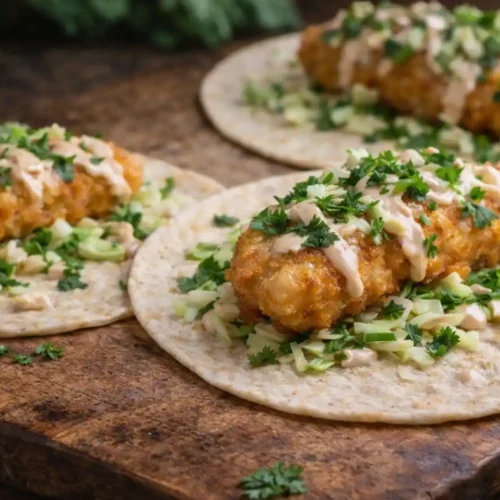 Baja Fish Tacos 4 Baja Fish Tacos with crispy fried fish, cabbage slaw, and creamy chipotle sauce on corn tortillas