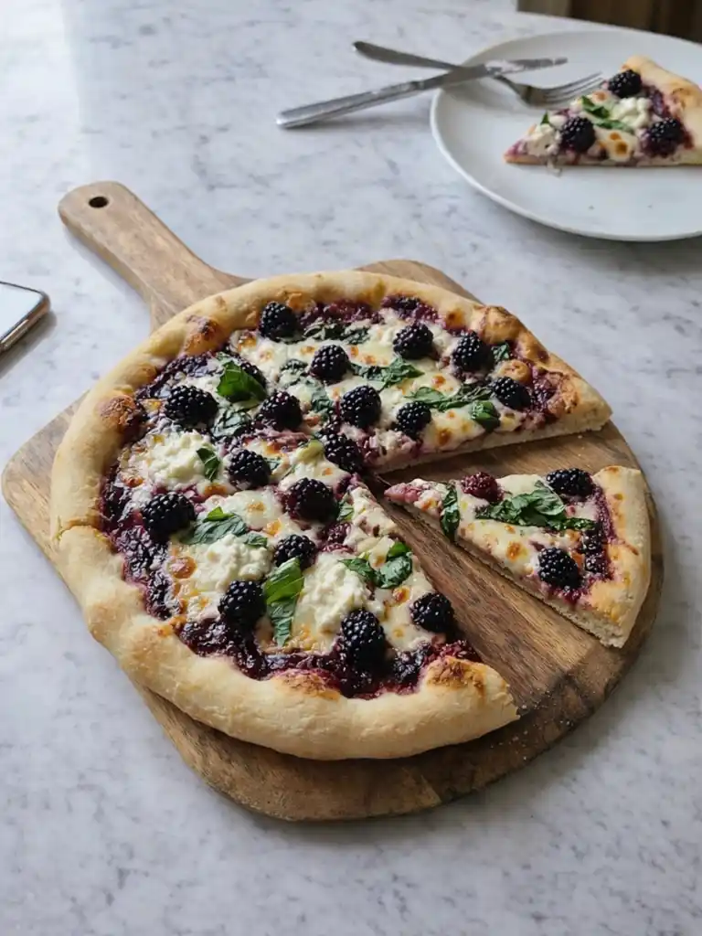 Blackberry Basil Ricotta Pizza sliced on wooden board with fresh basil and melted ricotta