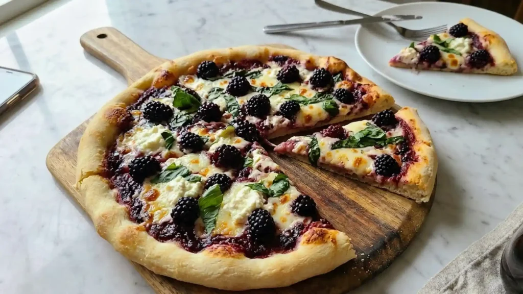 Blackberry Basil Ricotta Pizza with fresh basil, ricotta cheese, and blackberries on a golden crust