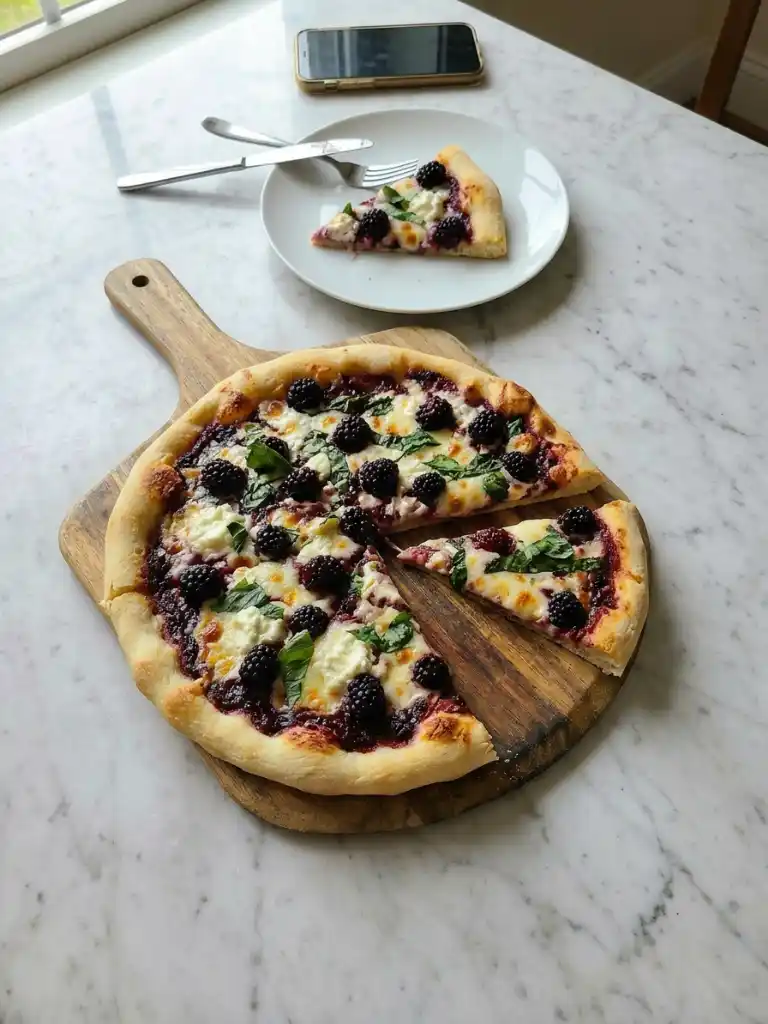 Blackberry Basil Ricotta Pizza sliced and served with fresh basil and blackberries on a wooden board