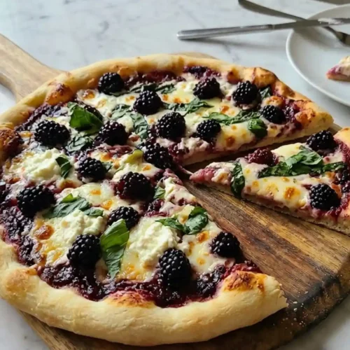 Blackberry Basil Ricotta Pizza with fresh basil, ricotta cheese, and blackberries on a golden crust