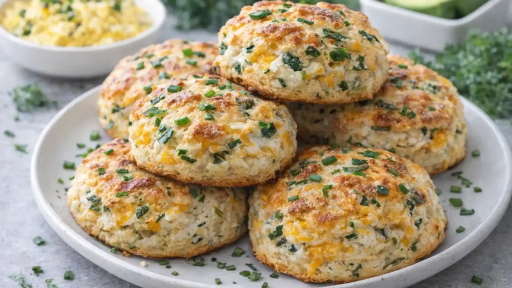 Breakfast Protein Biscuits stacked on a plate with cheddar, spinach, and chives