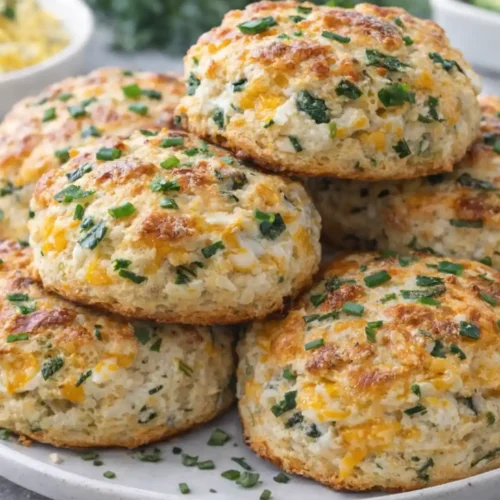 Breakfast Protein Biscuits stacked on a plate with cheddar, spinach, and chives
