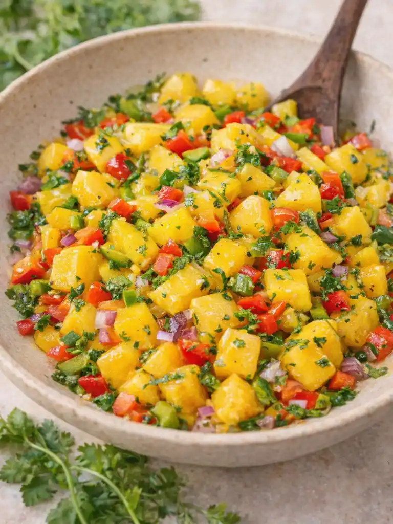 The Best Mango Salsa in a rustic bowl with diced mango, red pepper, onion, and fresh cilantro