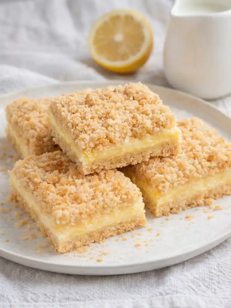 Lemon Crumb Bars stacked on a plate with creamy lemon layer and golden crumb topping