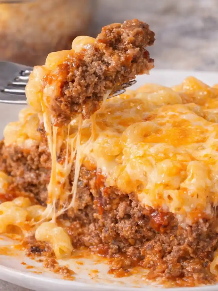 Mac and Cheese Meatloaf Casserole 3 Fork lifting a slice of Mac and Cheese Meatloaf Casserole with cheesy macaroni topping and juicy beef layer
