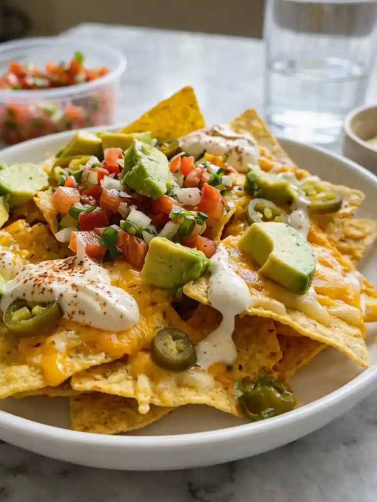 Air Fryer Nachos layered with melted cheese, avocado, jalapenos, sour cream, and pico de gallo