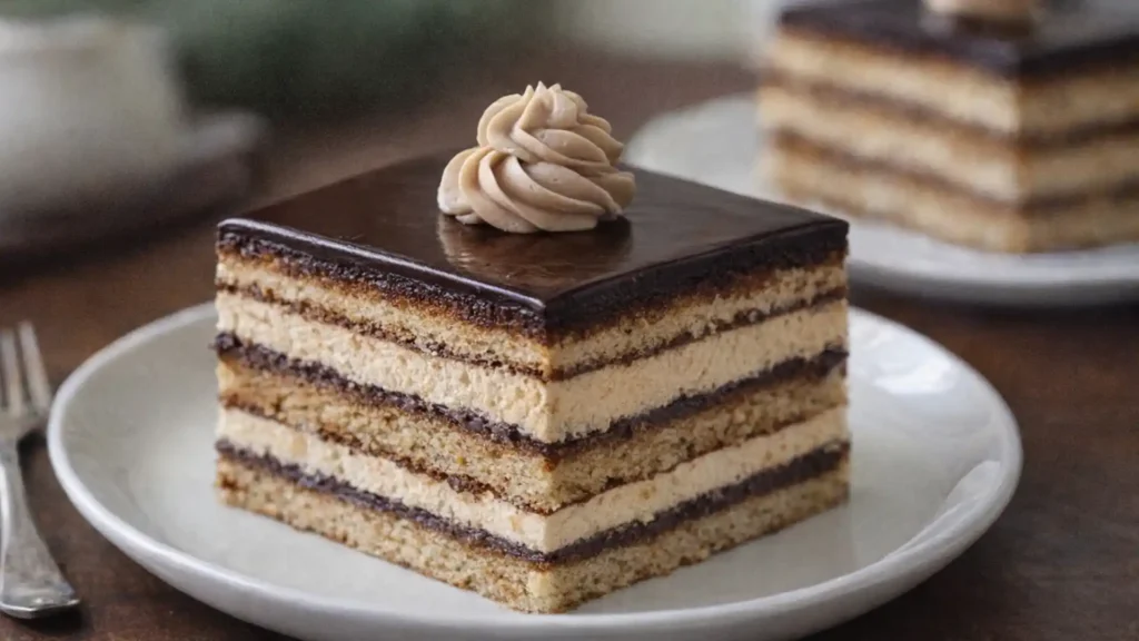Layered Opera cake with chocolate glaze and coffee buttercream on a white plate