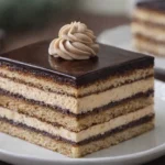 Layered Opera cake with chocolate glaze and coffee buttercream on a white plate