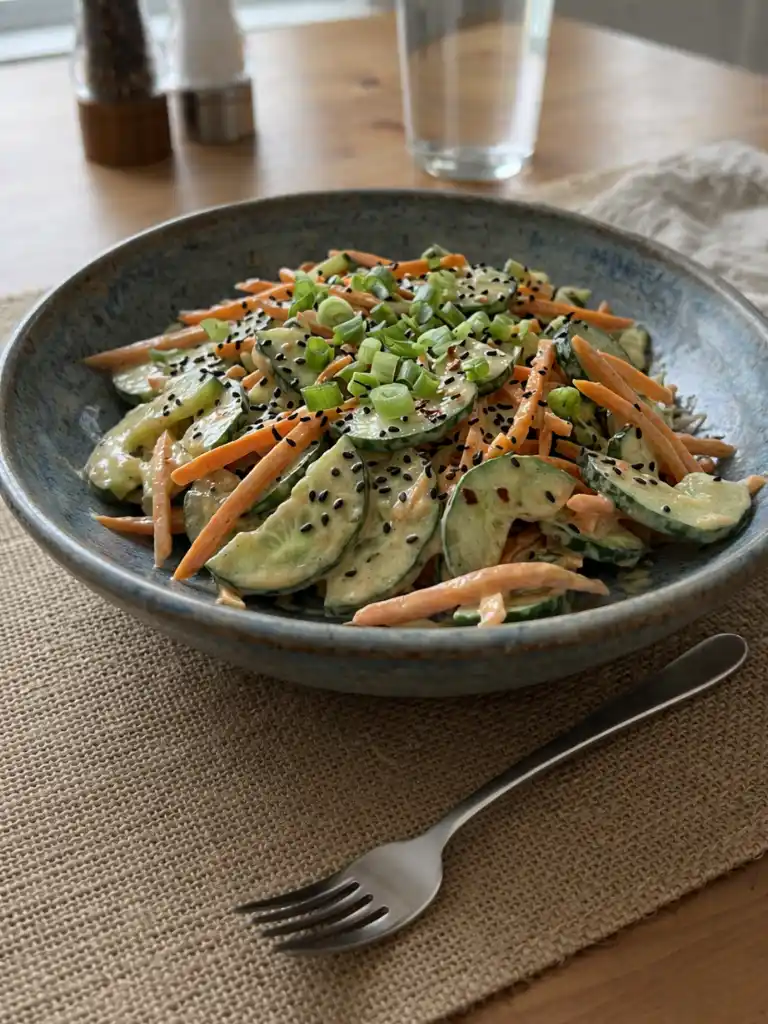 Creamy Asian Cucumber Salad topped with sesame seeds, shredded carrots, and green onions in a ceramic bowl
