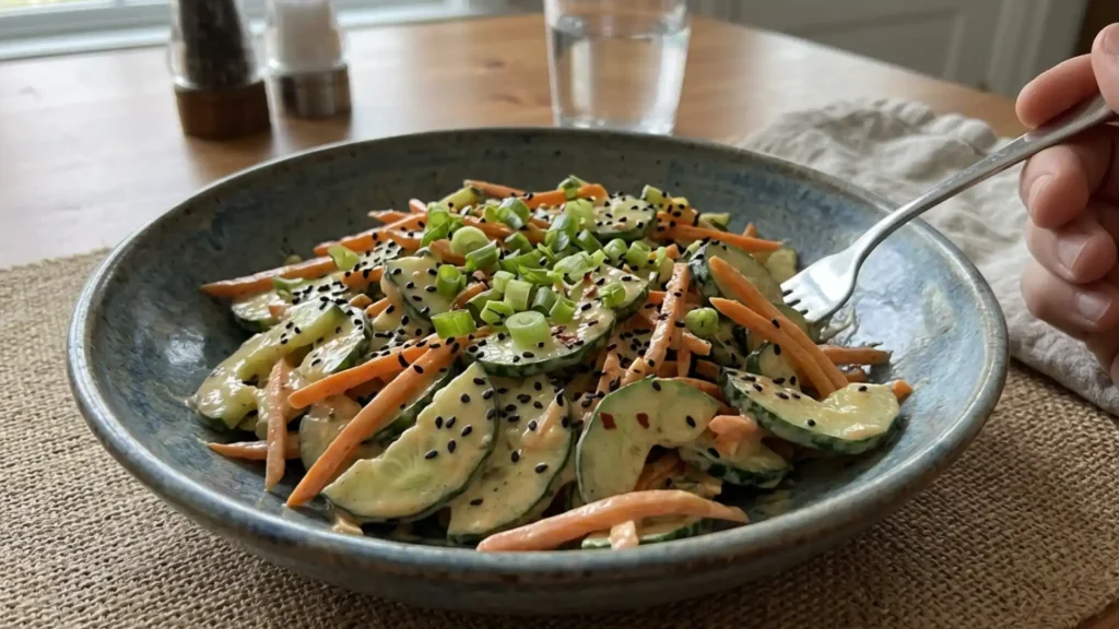 Creamy Asian Cucumber Salad with sesame seeds, carrots, and green onions in a bowl