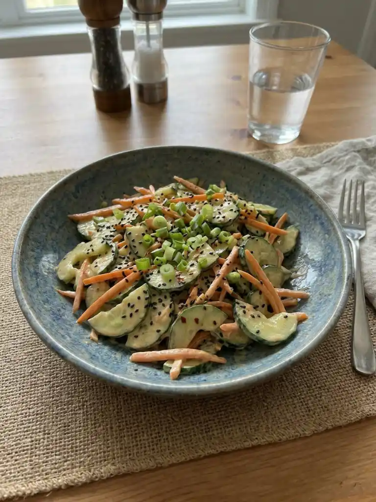 Creamy Asian Cucumber Salad with sesame seeds, carrots, and green onions served in a blue bowl
