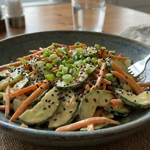 Creamy Asian Cucumber Salad with sesame seeds, carrots, and green onions in a bowl